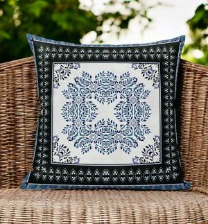 Homeroots 28" White Dark Blue And Light Blue Damask Indoor Outdoor Throw Pillow   414833