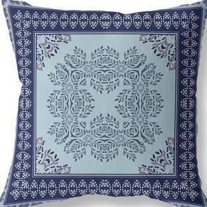 Homeroots 20" White Dark Blue And Light Blue Damask Indoor Outdoor Throw Pillow   414848