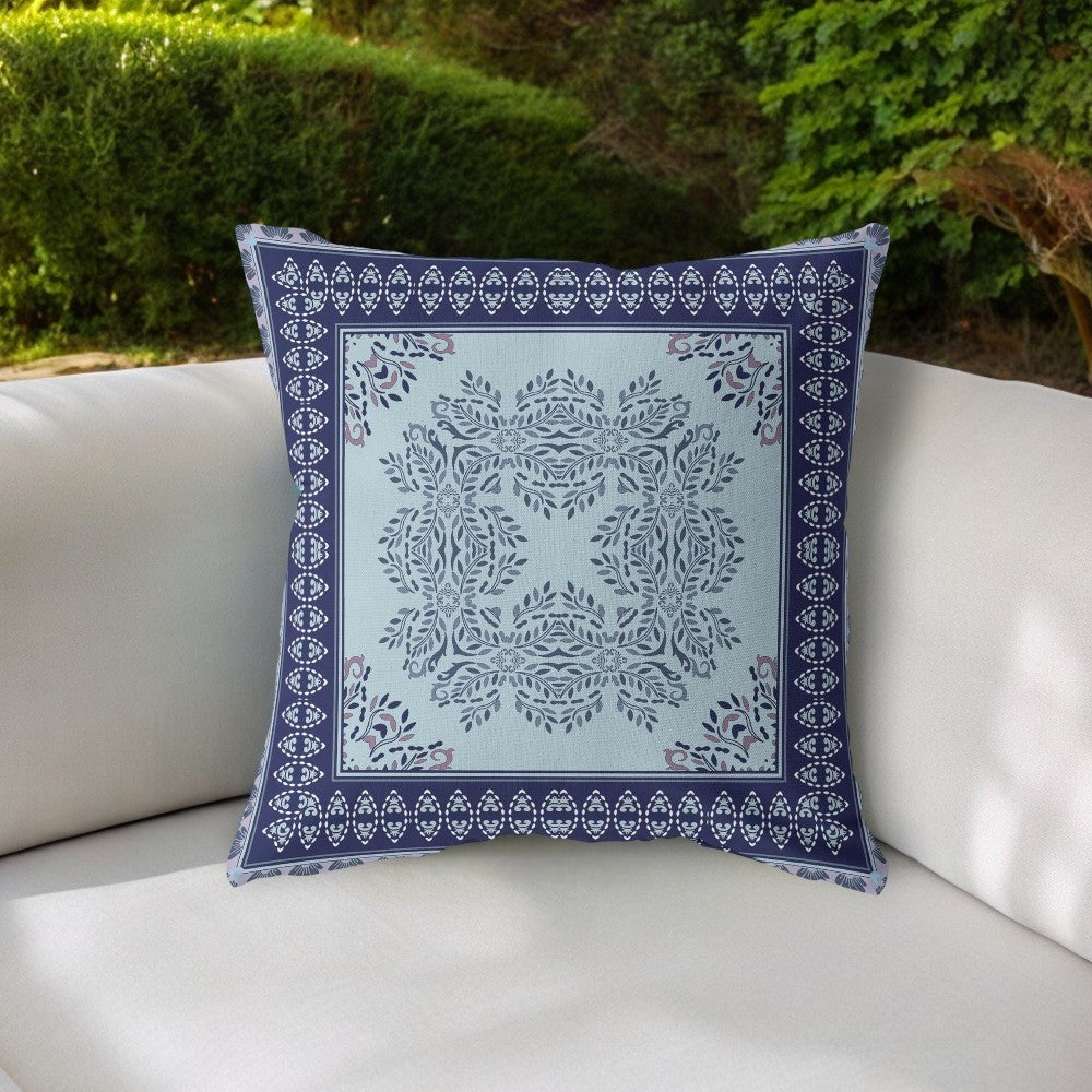 Homeroots 20" White Dark Blue And Light Blue Damask Indoor Outdoor Throw Pillow   414848
