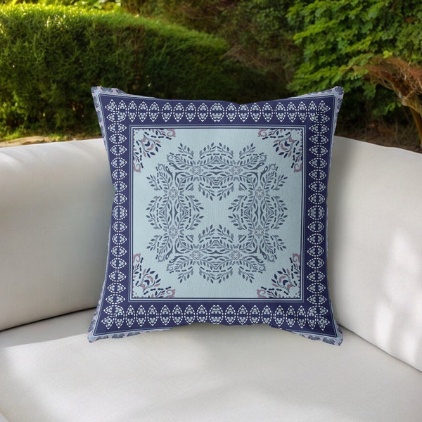 Homeroots 20" White Dark Blue And Light Blue Damask Indoor Outdoor Throw Pillow   414848