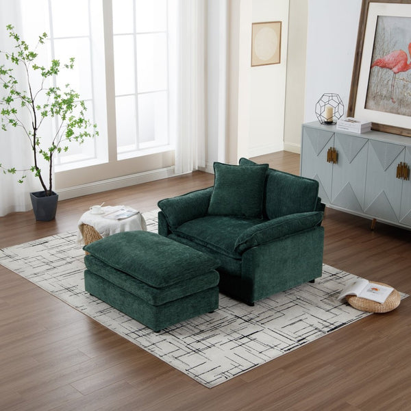 English Elm 44.5" Oversized Club Chair with Ottoman Chenille Upholstered Solid Wood Reading Seat Green W3244S00007