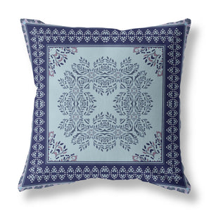 Homeroots 26" White Dark Blue And Light Blue Damask Indoor Outdoor Throw Pillow   414850