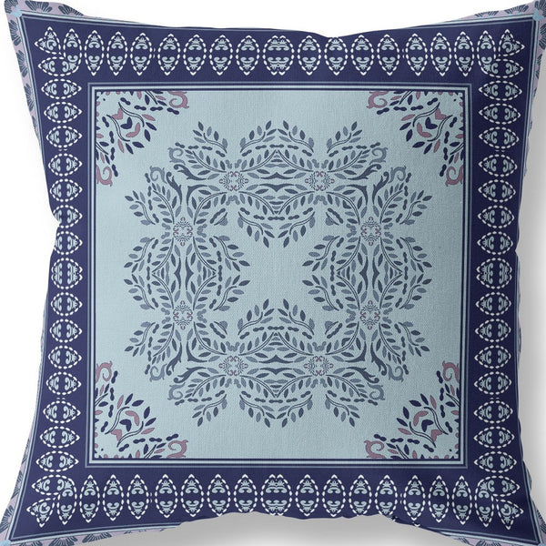 Homeroots 26" White Dark Blue And Light Blue Damask Indoor Outdoor Throw Pillow   414850