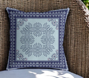 Homeroots 26" White Dark Blue And Light Blue Damask Indoor Outdoor Throw Pillow   414850