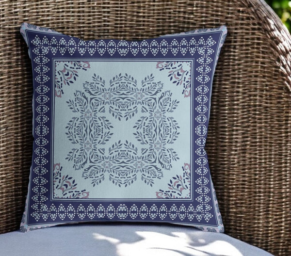 Homeroots 26" White Dark Blue And Light Blue Damask Indoor Outdoor Throw Pillow   414850