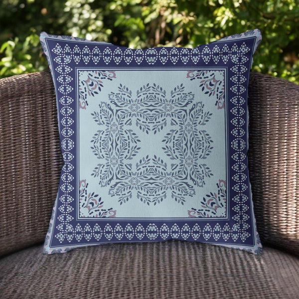 Homeroots 28" White Dark Blue And Light Blue Damask Indoor Outdoor Throw Pillow   414852