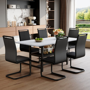 English Elm Table And Chair Set - Modern 71" White Grain Dining Table With Built-In Storage & 6 Black Pu Chairs W1151S04274-GIGA