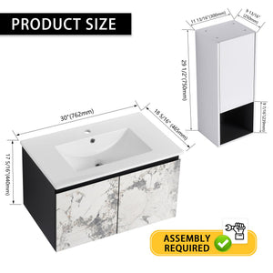 English Elm 30" Wall-Mounted Bathroom Vanity Set With Ceramic Sink, Soft-Close Doors & Ample Storage Solution W999S00331