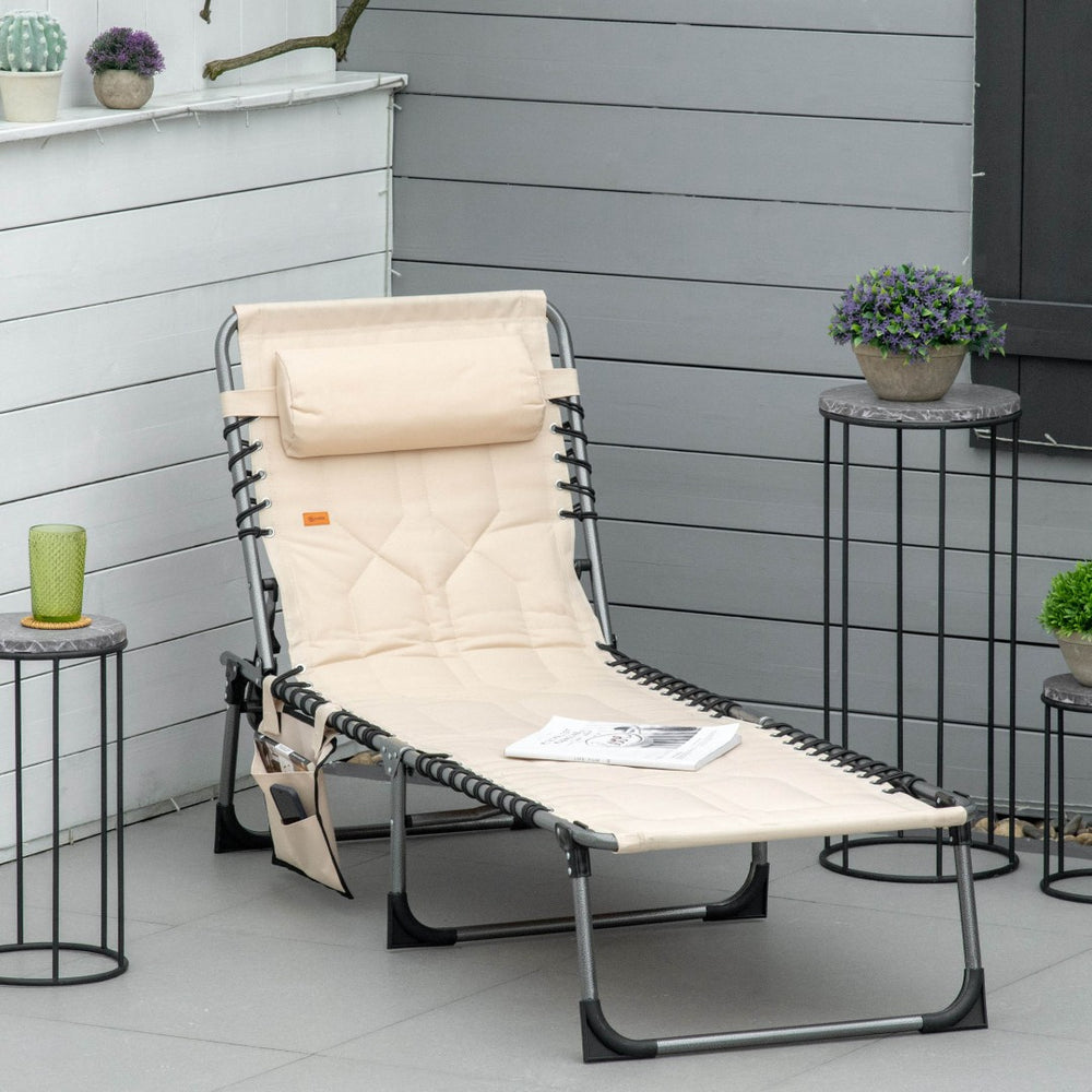 English Elm Outsunny Padded Reclining Outdoor Chaise with Headrest Foldable Steel Frame Lounge Chair Beige W2225P175534