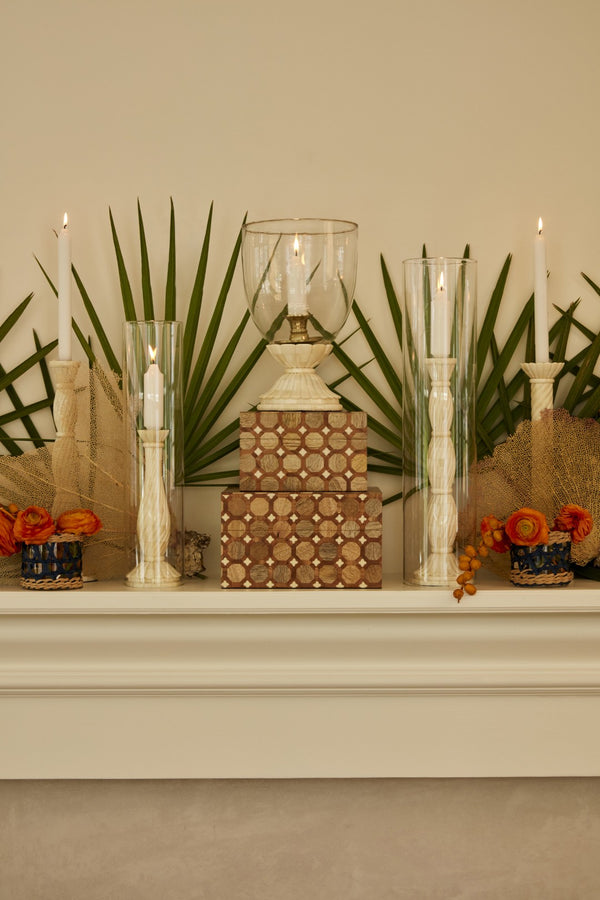 Chelsea House Beaumont Bone Hurricane Short — Hand-Carved Twist Pedestal, Brass Candle Holder & Mouth-Blown Glass 41490294