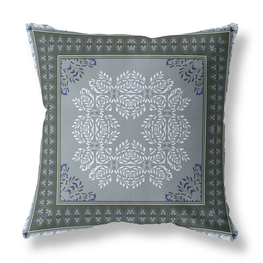 Homeroots 26" X 26" Grey And Green Blown Seam Damask Indoor Outdoor Throw Pillow   414920