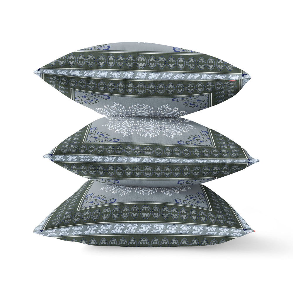 Homeroots 26" X 26" Grey And Green Blown Seam Damask Indoor Outdoor Throw Pillow   414920