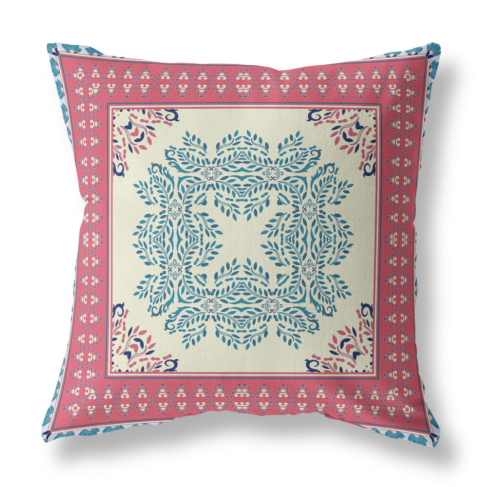 Homeroots 26" X 26" Cream And Blue Blown Seam Damask Indoor Outdoor Throw Pillow   414940