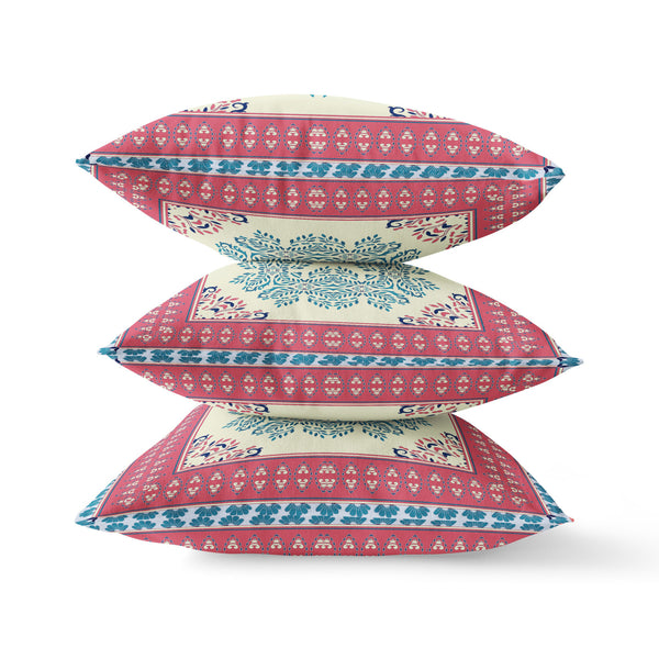 Homeroots 26" X 26" Cream And Blue Blown Seam Damask Indoor Outdoor Throw Pillow   414940