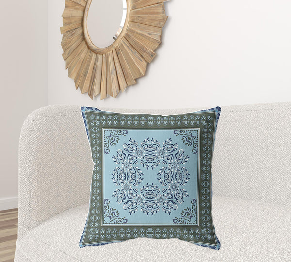 Homeroots 26" X 26" Blue And Green Blown Seam Floral Indoor Outdoor Throw Pillow   414980