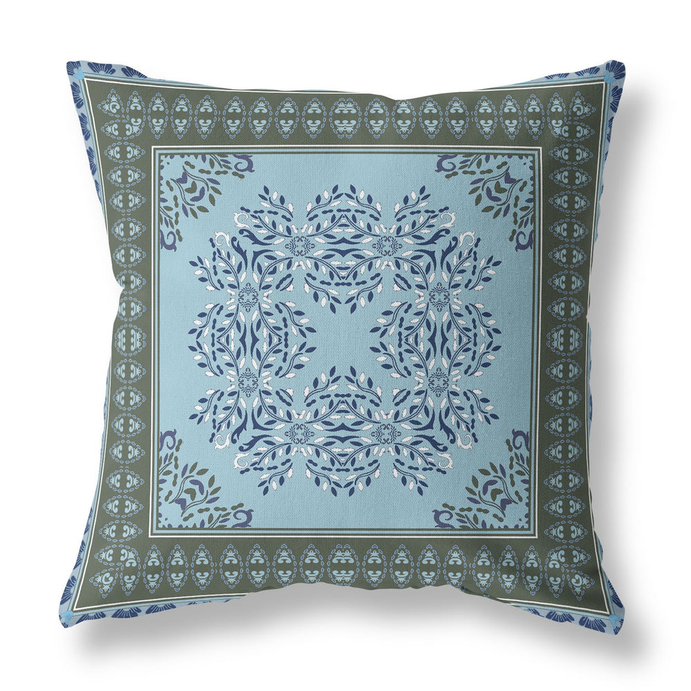 Homeroots 28" X 28" Blue And Green Blown Seam Floral Indoor Outdoor Throw Pillow   414982