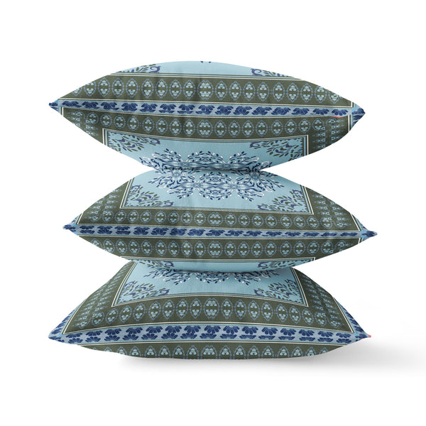 Homeroots 28" X 28" Blue And Green Blown Seam Floral Indoor Outdoor Throw Pillow   414982