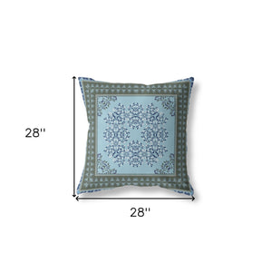 Homeroots 28" X 28" Blue And Green Blown Seam Floral Indoor Outdoor Throw Pillow   414982