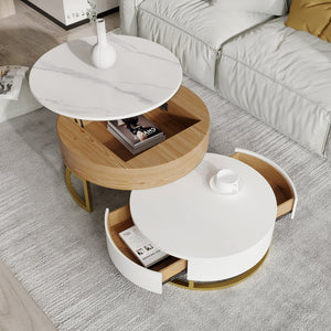 English Elm Dolce Round Lift-Top Wood Coffee Table with Convertible Heights and Sturdy Iron Frame, Modern Chic White B341S00042