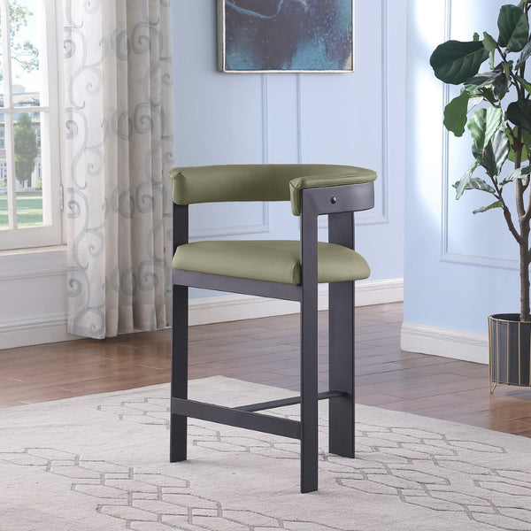 Meridian Furniture Romeo Olive Vegan Leather Counter Stool with Curved Back and Matte Black Frame 414Olive-C