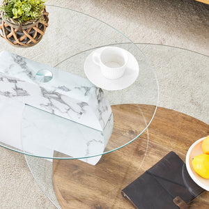 English Elm Contemporary White Marble & Wood Grain Double-Layer Coffee Table with Tempered Glass Top, Stylish Centerpiece W1512P386948