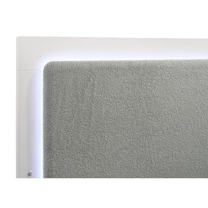 English Elm Sophia Queen Bed with LED Panel Headboard, White Okume Veneer, Light Grey Fabric, Modern Chic Design B062S00612