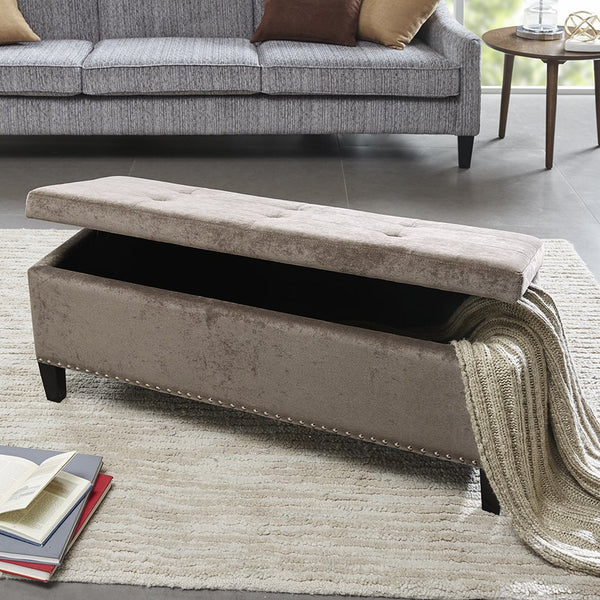 JLA Home Madison Park - Tufted Blue Storage Bench with Soft-Close Lift Top, Elegant Upholstered Seating and Noir Legs Taupe FPF18-0197