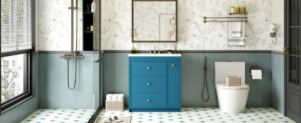 English Elm 30'' Modern Bathroom Vanity With Ceramic Sink, Durable Blue Finish & Ample Storage For Essentials N710P228374C