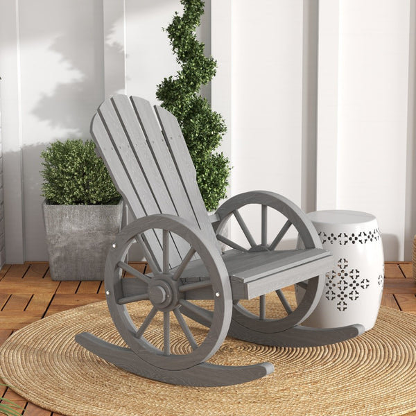 English Elm Outsunny Adirondack Wooden Rocking Chair With Wagon Wheel Armrests - Perfect For Outdoor Relaxation! W2225P217105-GIGA