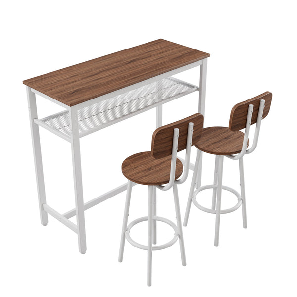 English Elm 3 Piece Bar Table Set with Storage Rack, Counter Height Wood Top & White Metal Frame, 2 Stools Ideal for Kitchen, Dining, Bar (39.4x15.7x36.2 in) W578P304321