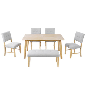 English Elm 6 Piece Farmhouse Dining Set Rubberwood Legs Tufted Chairs Bench Natural Ash Table N752S600015D