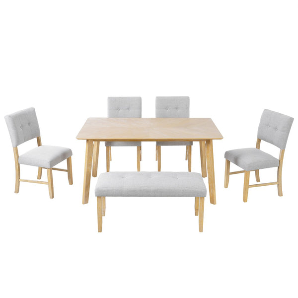 English Elm 6 Piece Farmhouse Dining Set Rubberwood Legs Tufted Chairs Bench Natural Ash Table N752S600015D