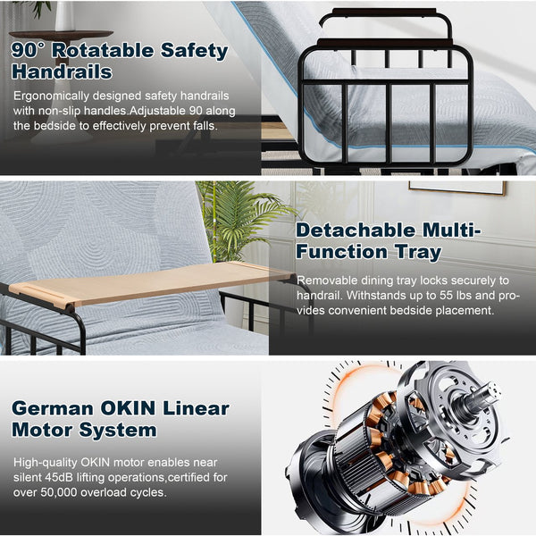 English Elm Electric Lift Bed with OKIN Motor, Memory Foam Mattress, Quiet 50,000-Cycle Frame, Fall-Safe Rails Black,Grey W2699S00061