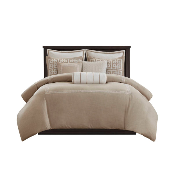 English Elm 8-piece Queen Bedding Set Slub Fabric Embroidery Velvet Accents Boutique Hotel Style Taupe B035P482953