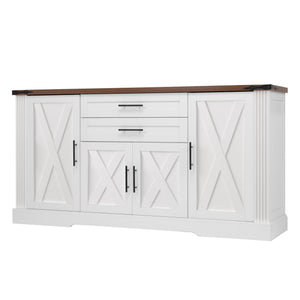 English Elm 63" Farmhouse Barn Door Storage Cabinet with Anti-Tip Safety, Quiet Drawers, Adjustable Shelf & Metal Handles White W2917P319121