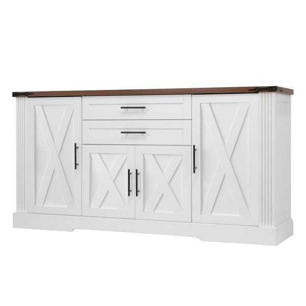 English Elm 63" Farmhouse Barn Door Storage Cabinet with Anti-Tip Safety, Quiet Drawers, Adjustable Shelf & Metal Handles White W2917P319121