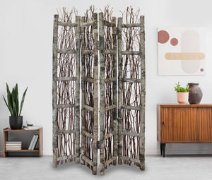 Homeroots Earthy Birch And Twig Four Panel Room Divider Screen  Wood 415071