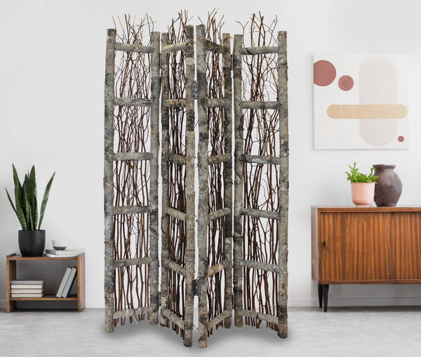 Homeroots Earthy Birch And Twig Four Panel Room Divider Screen  Wood 415071