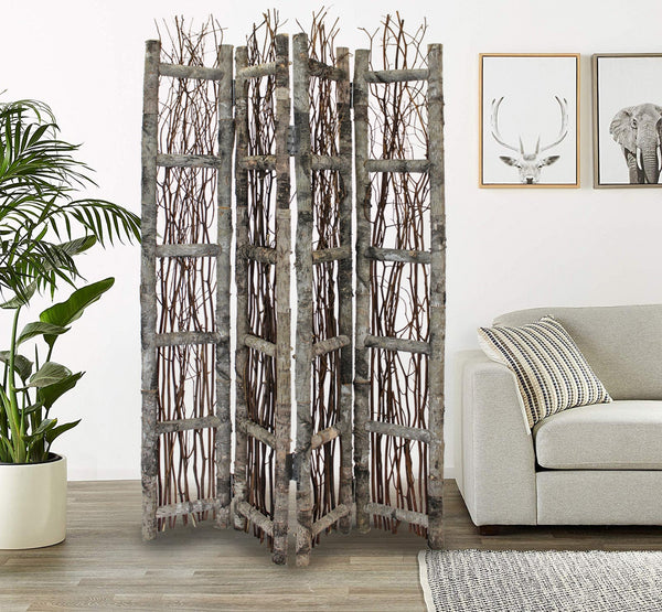 Homeroots Earthy Birch And Twig Four Panel Room Divider Screen  Wood 415071