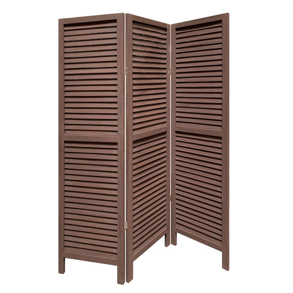 Homeroots Stylish Three Panel Washed Brown Shutter Divider Screen  Wood 415074