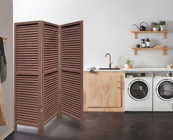 Homeroots Stylish Three Panel Washed Brown Shutter Divider Screen  Wood 415074