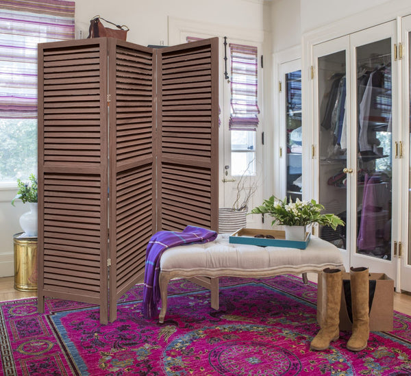 Homeroots Stylish Three Panel Washed Brown Shutter Divider Screen  Wood 415074