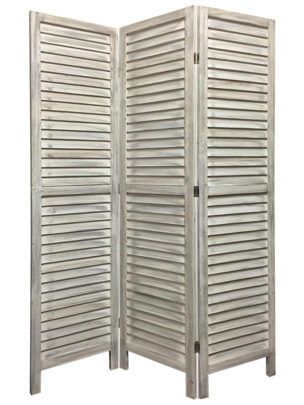 Homeroots Stylish Three Panel Washed White Shutter Divider Screen  Wood 415075