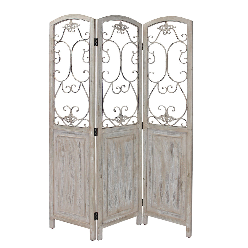 Homeroots Romantic Whitewashed Scroll Three Panel Room Divider Screen  Wood 415076