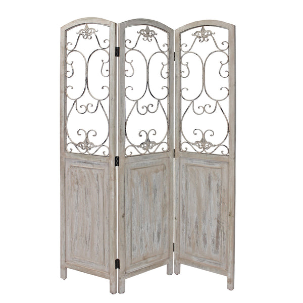 Homeroots Romantic Whitewashed Scroll Three Panel Room Divider Screen  Wood 415076