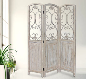 Homeroots Romantic Whitewashed Scroll Three Panel Room Divider Screen  Wood 415076
