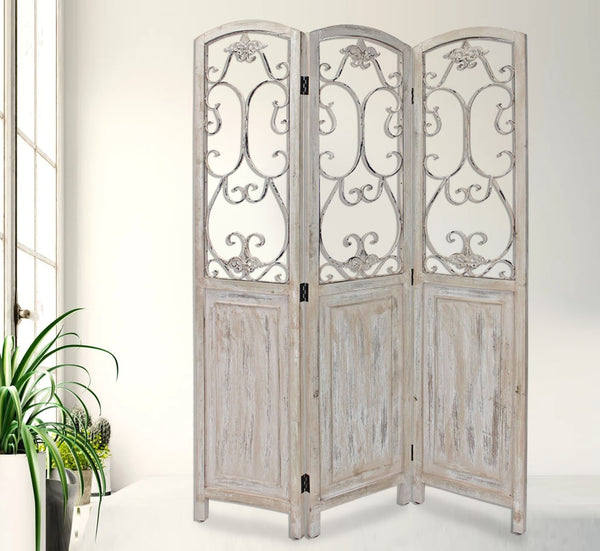 Homeroots Romantic Whitewashed Scroll Three Panel Room Divider Screen  Wood 415076