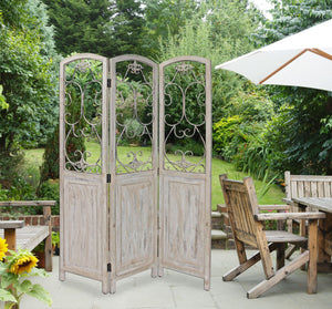 Homeroots Romantic Whitewashed Scroll Three Panel Room Divider Screen  Wood 415076