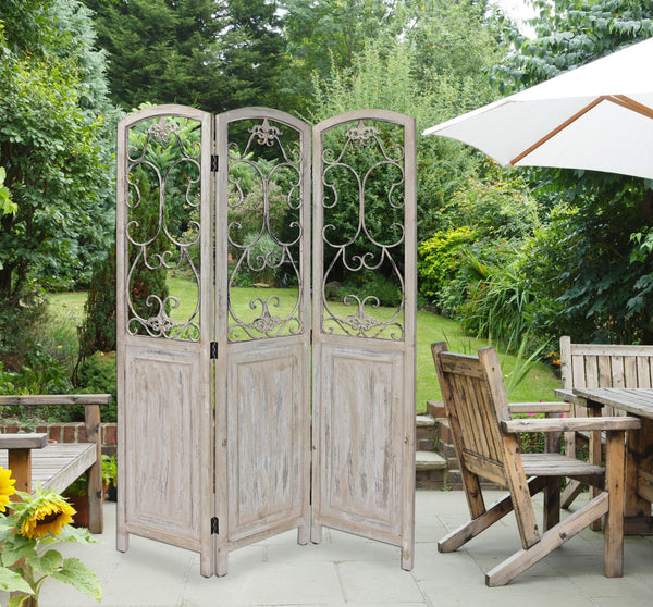 Homeroots Romantic Whitewashed Scroll Three Panel Room Divider Screen  Wood 415076
