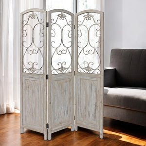 HomeRoots Romantic Whitewashed Scroll Three-Panel Room Divider Screen: Stylish Privacy Solution for Any Space 415076